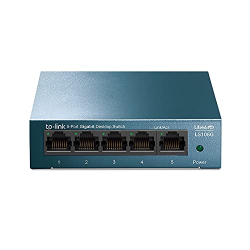 TP-Link LS105G - Switch Ethernet 5 Puertos (10/100/1000Mbps), Switch Gigabit, Switch WiFi, Carcasa metálica, Ultraligero, Disipación de Calor, QoS, Ahorro de Energía, Silencioso, No Gestionado, Azul