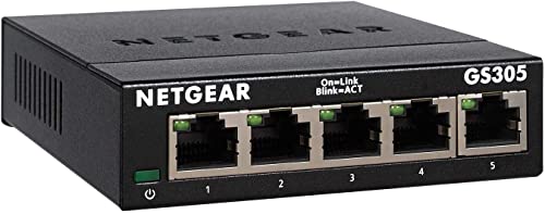 NETGEAR Switch 5 puertos Gigabit Unmanaged GS305, Switch Ethernet doméstico, switch de oficina, plug-and-play, carcasa metálica, montaje sobremesa/pared, Color Negro
