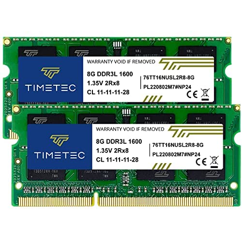 Timetec 16GB Kit (2x8GB) DDR3L/DDR3 1600 MHz PC3L-12800 / PC3-12800 Sin ECC Sin búfer 1,35 V/1,5 V CL11 2Rx8 Dual Rank 204 Pin SODIMM Laptop Notebook PC Memoria RAM Módulo Actualización