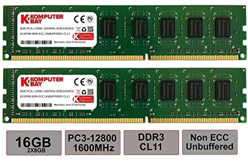 Komputerbay 16GB (2 x 8 GB) DDR3 DIMM de 240 PC3-12800 1600MHz Escritorio de Memoria RAM Pin 11-11-11-28 XMP Listo