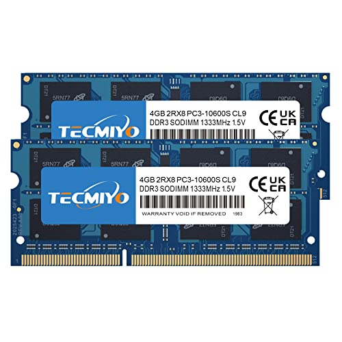 TECMIYO 8GB Memoria RAM DDR3(2x4GB) PC3 10600S DDR3 1333MHz SODIMM RAM CL9 204 Pin 1.5V Non-ECC Unbuffered Laptop Memory Notebook RAM Module