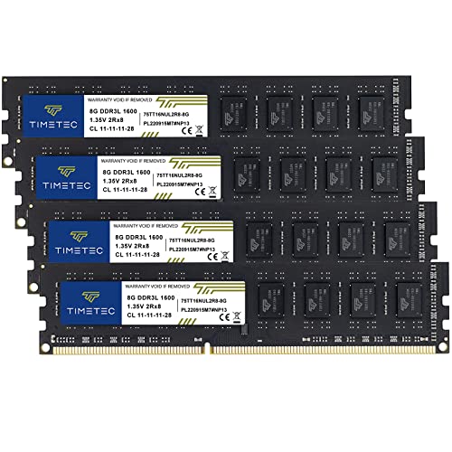 Timetec Kit de 32 GB (4 x 8 GB) DDR3L / DDR3 1600 MHz (DDR3L-1600) PC3L-12800 / PC3-12800 sin ECC sin búfer de 1,35 V/1,5 V CL11 2Rx8 Dual Rank 240 pines UDIMM memoria RAM (SDRAM) ActuActuActuActu