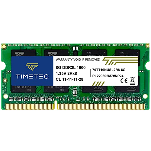 Timetec 8GB DDR3L / DDR3 1600MHz (DDR3L-1600) PC3L-12800 / PC3-12800 (PC3L-12800S) No ECC Sin búfer 1.35V/1.5V CL11 2Rx8 Dual Rank 204 Pin SODIMM Laptop Notebook PC Computadora Memoria RAM módulo actualización