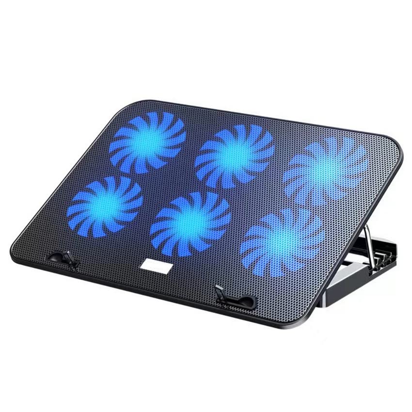 NK Base Refrigeradora Portátil - Ventilador Ordenador Portatil de 12 - 17' con Soporte Ajustable 5 Alturas, 6 Ventiladores Silenciosos, 2 Puertos USB, Refrigeración Rápida, Luz LED Azul - Color Negro